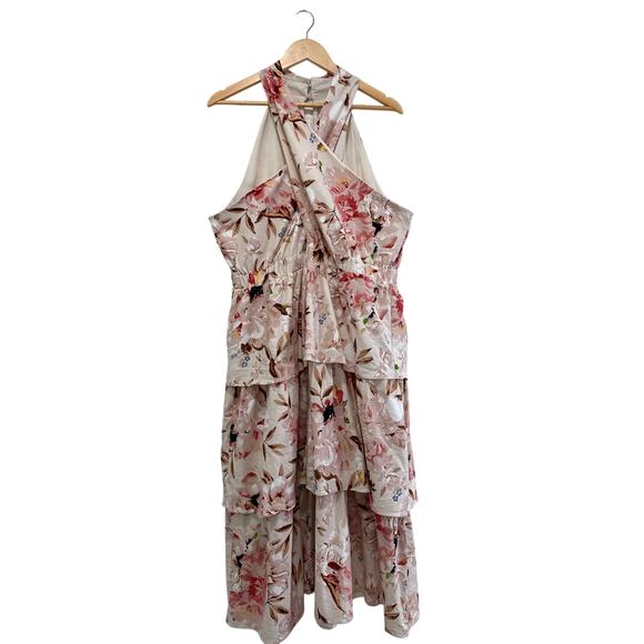 Express XL Floral Criss Cross Tiered Ruffle Linen Sleeveless Halter Midi Dress - Picture 2 of 10